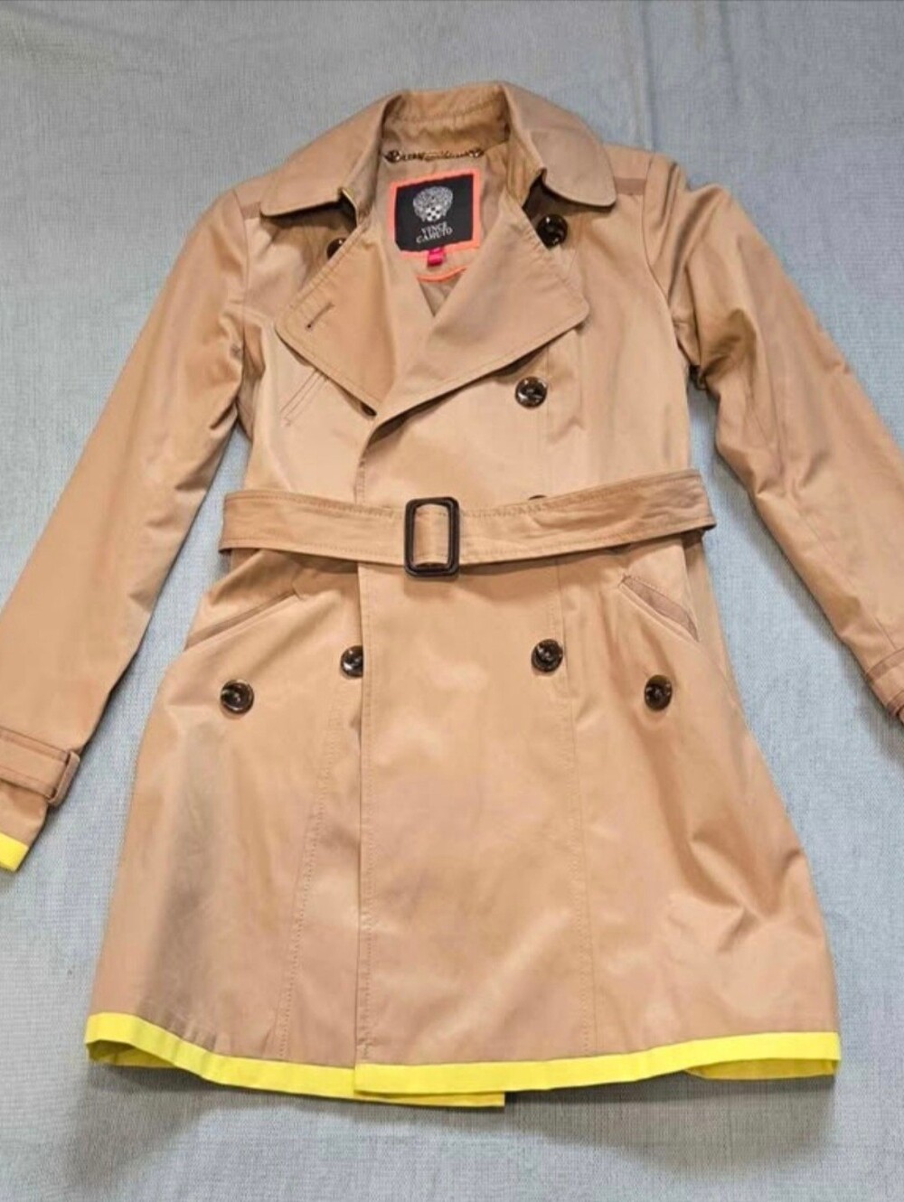 Vince Camuto Classic  Trench Coat with Yellow Hem Accents.